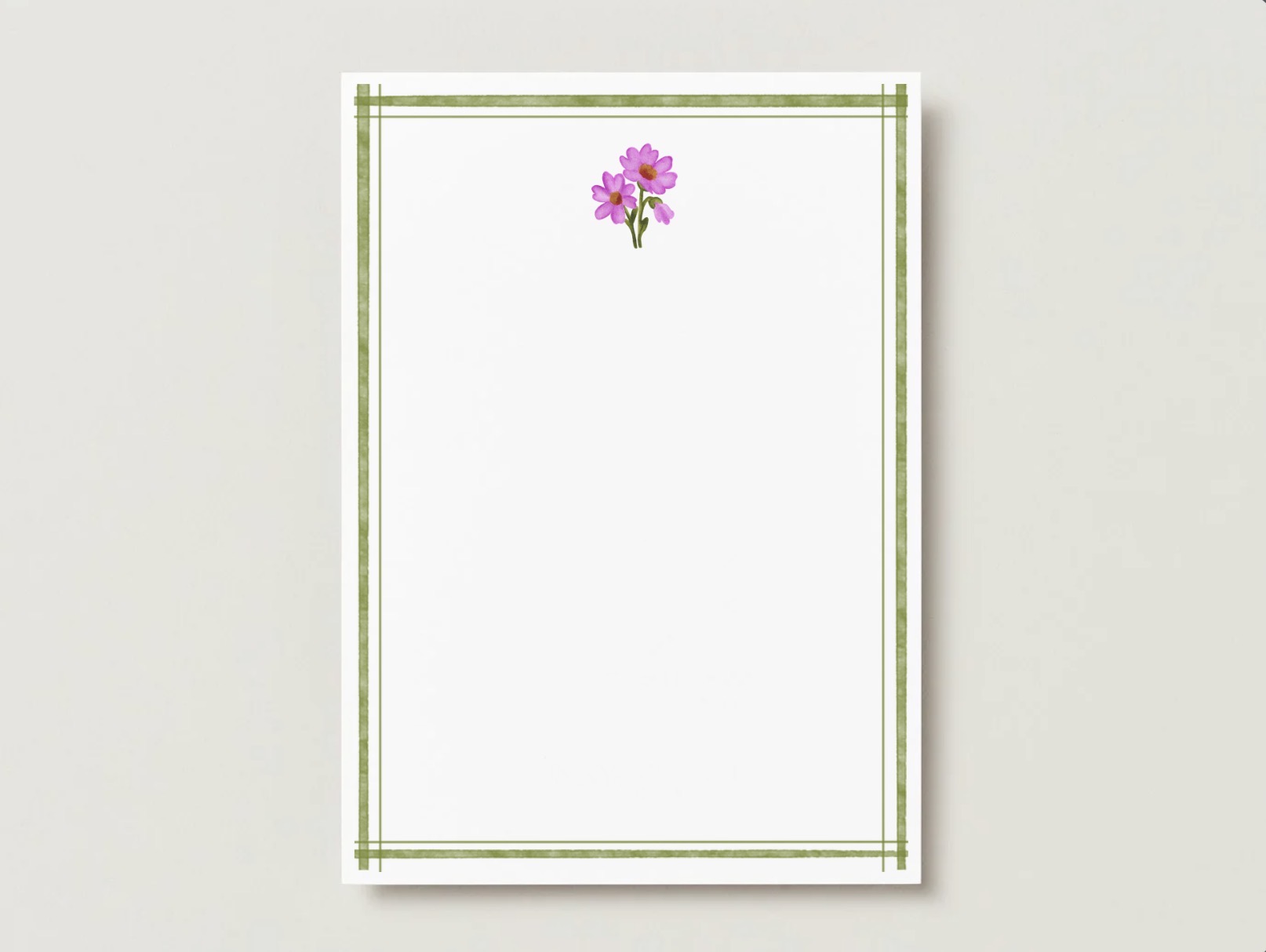 Daisy birth flower A7 flat card with a sage-green double-line border on a pale gray background