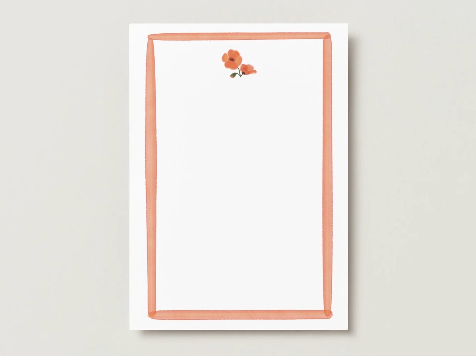 Poppy birth flower A7 flat card with a coral watercolor border on a pale gray background