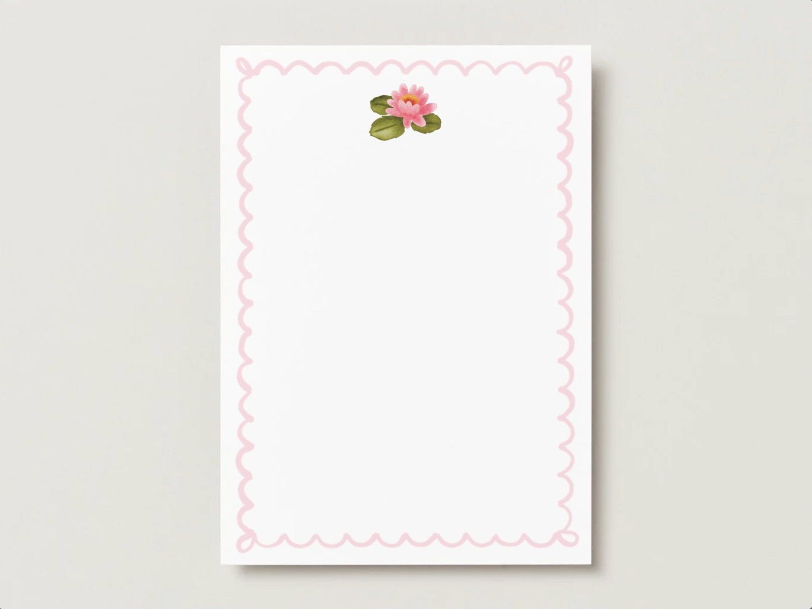 Pink water lily birth flower card with a pink scalloped border on a pale gray background
