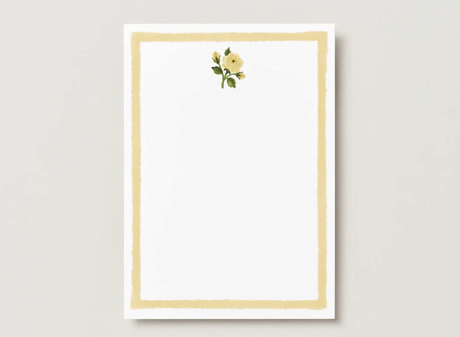 Yellow rose birth flower A7 flat card with a soft yellow border on a pale gray background