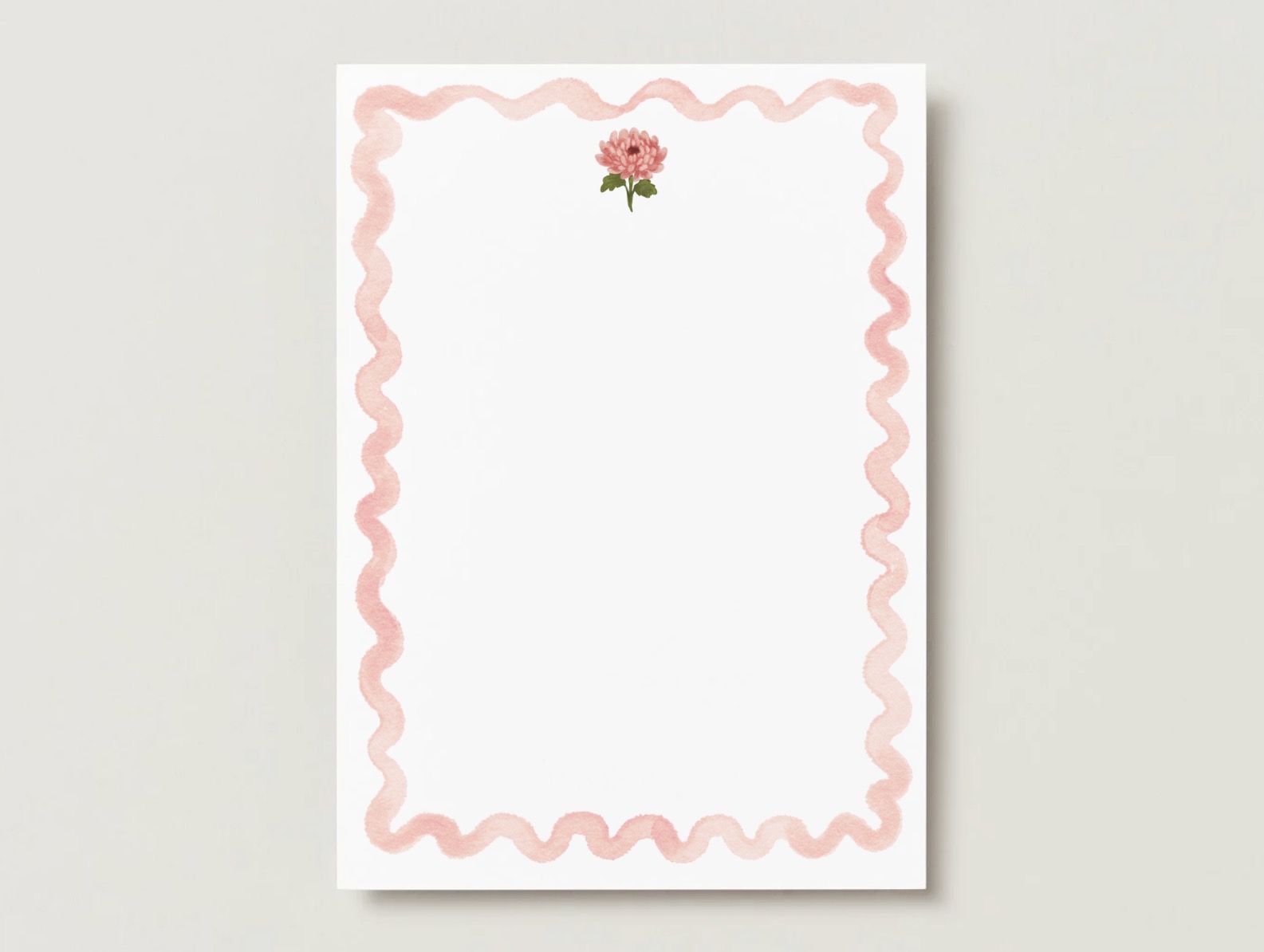 Chrysanthemum birth flower A7 flat card with a scalloped pink watercolor border on a pale gray background