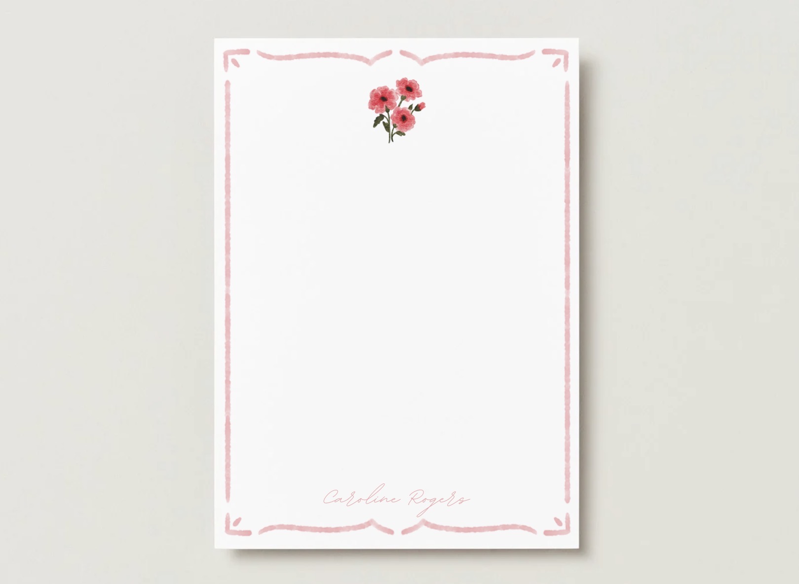 Marigold birth flower A7 flat card with a pink scalloped watercolor border on a pale gray background