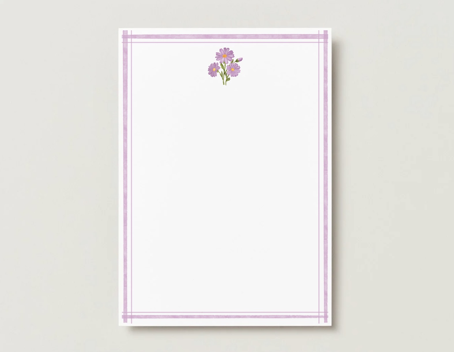 Purple aster birth flower card with a lavender double-line border on a pale gray background