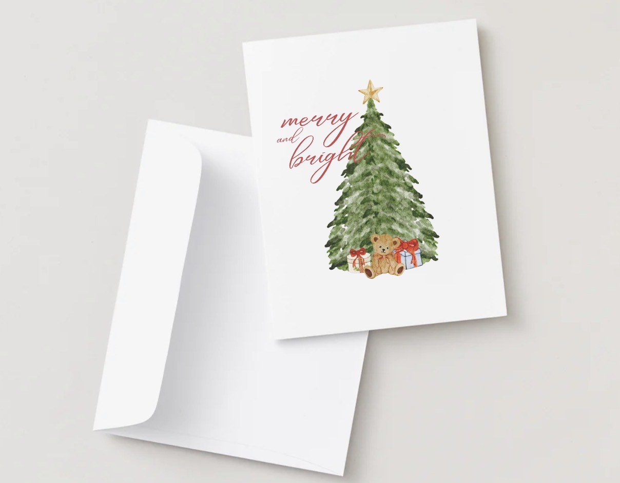 Merry and Bright boxed Christmas card with a hand-drawn tree, teddy bear and wrapped presents