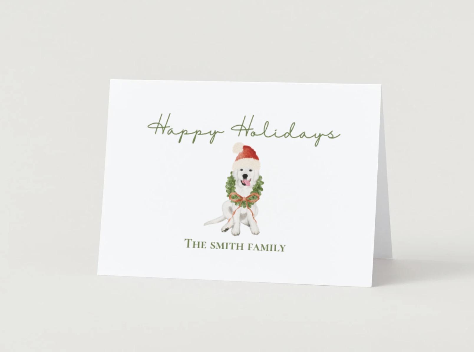 Fully custom hand-painted pet portrait Christmas card for the Smith Family, a white dog wearing a Santa hat and holiday wreath