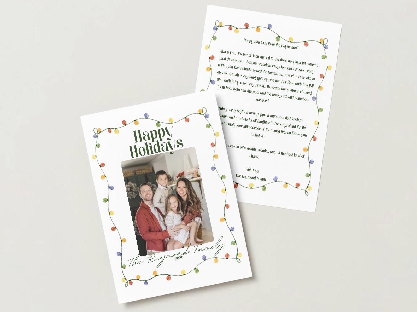 Semi-custom Christmas card for the Raymond Family with a hand-drawn string-lights border, front photo card and back family update letter