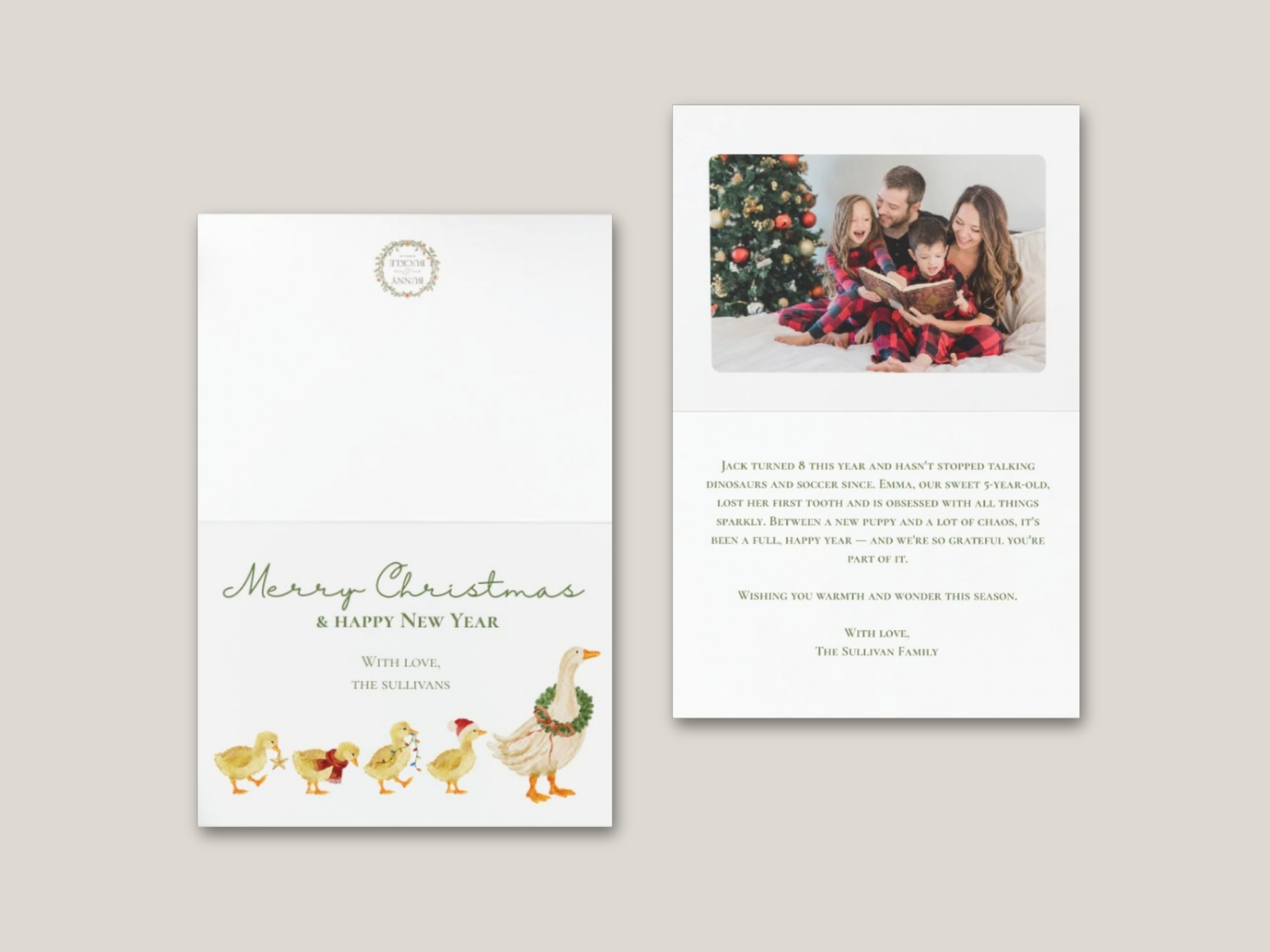 Semi-custom Christmas card for the Sullivan Family with a hand-drawn goose family design, photo and family update inside