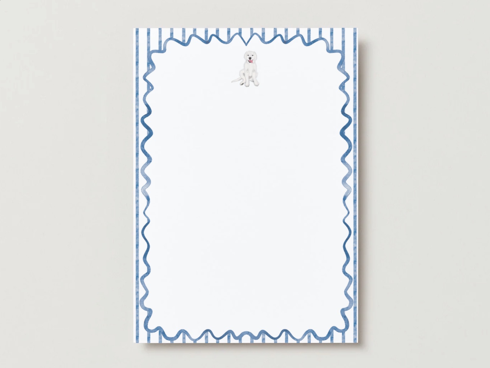 Custom pet stationery with a wavy blue border and a white dog illustration