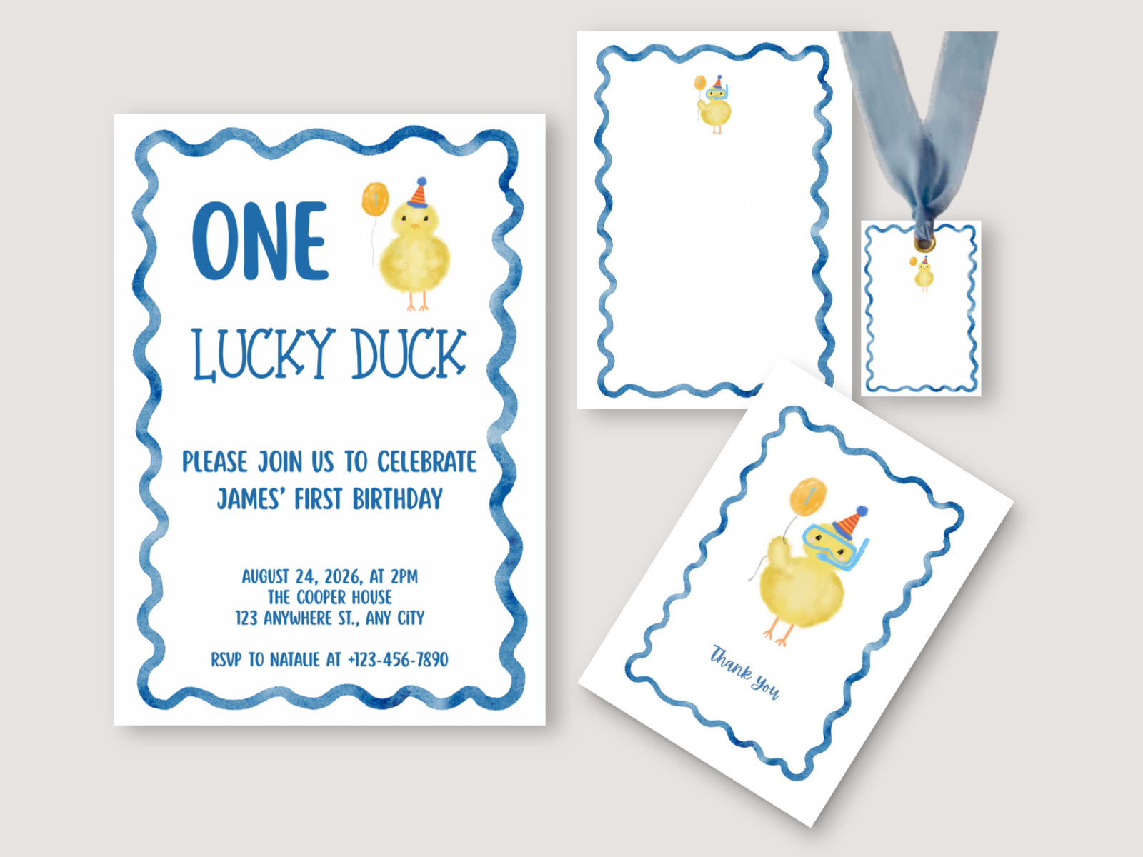 One Lucky Duck celebration suite: a first birthday invitation, a blank note card, a gift tag with a blue ribbon, and a filled thank-you card, each with a wavy blue watercolor border and a party chick