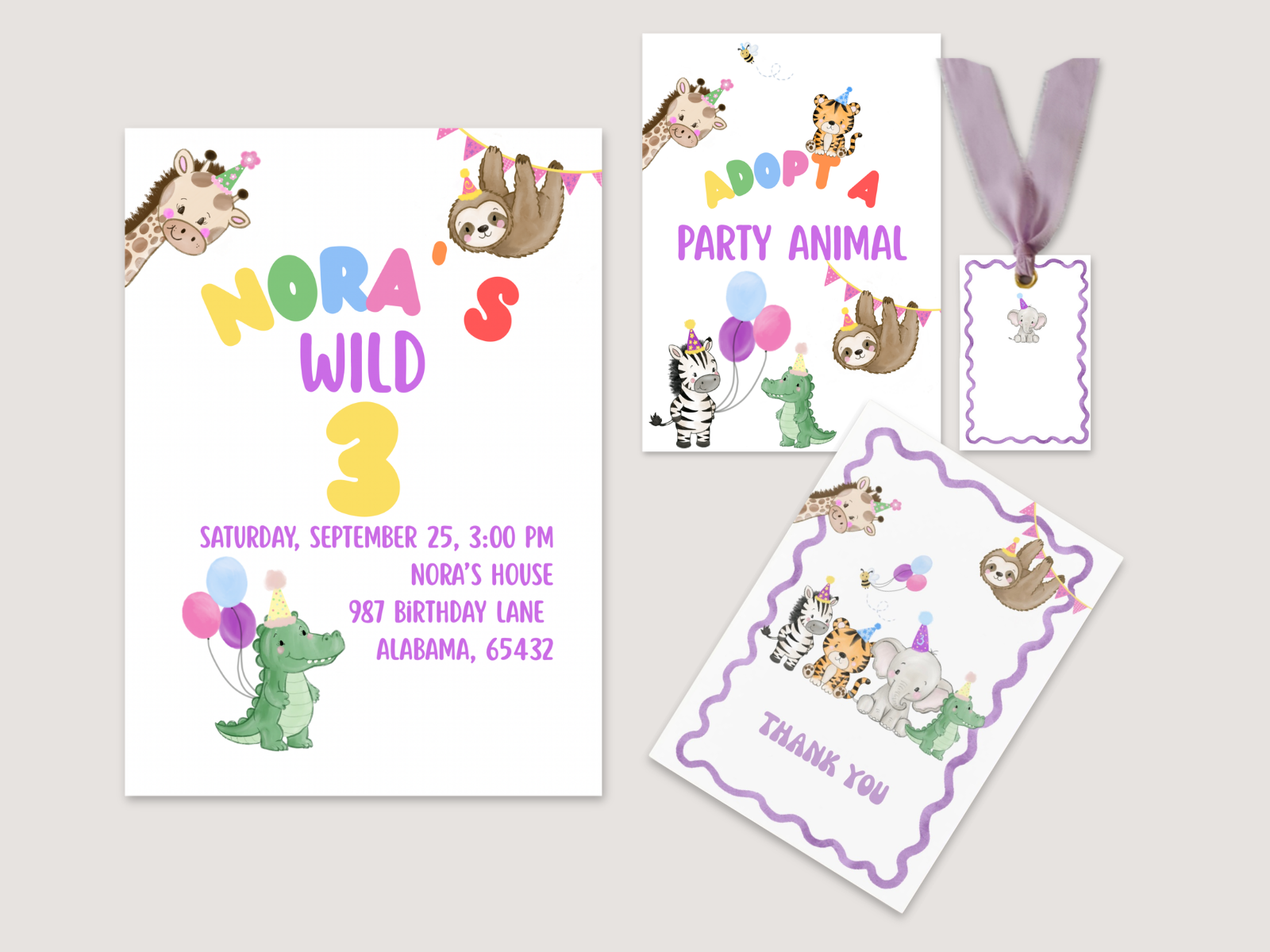 Party Animals celebration suite: a birthday invitation, an Adopt a Party Animal sign, a thank-you card and a gift tag with a lilac ribbon