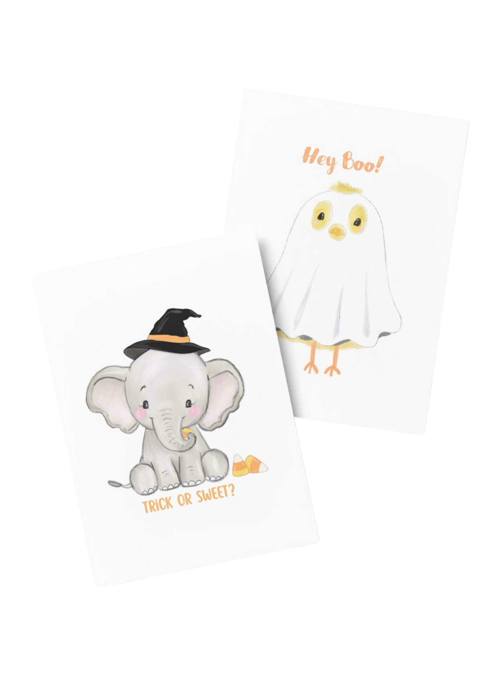 Trick or Sweet elephant card and Hey Boo ghost chick card, Halloween greeting cards
